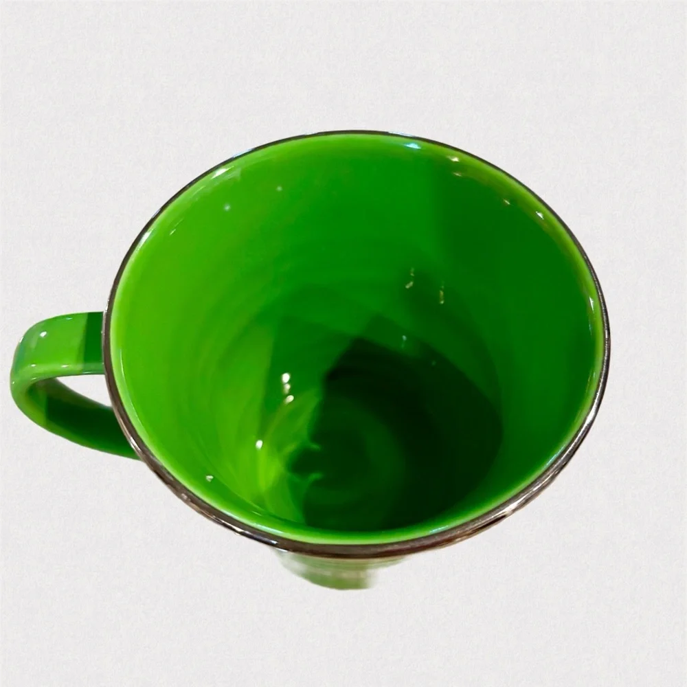 Starbucks 2007 Ribbed Green Bucket Mug 14oz Silver Rim Vintage Coffee Cup